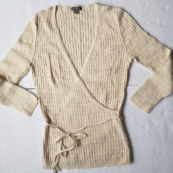 Ann Taylor Silk Beaded Belted V-Neck 3/4 Sleeve Faux Wrap Ivory Pullover - Picture 4 of 12